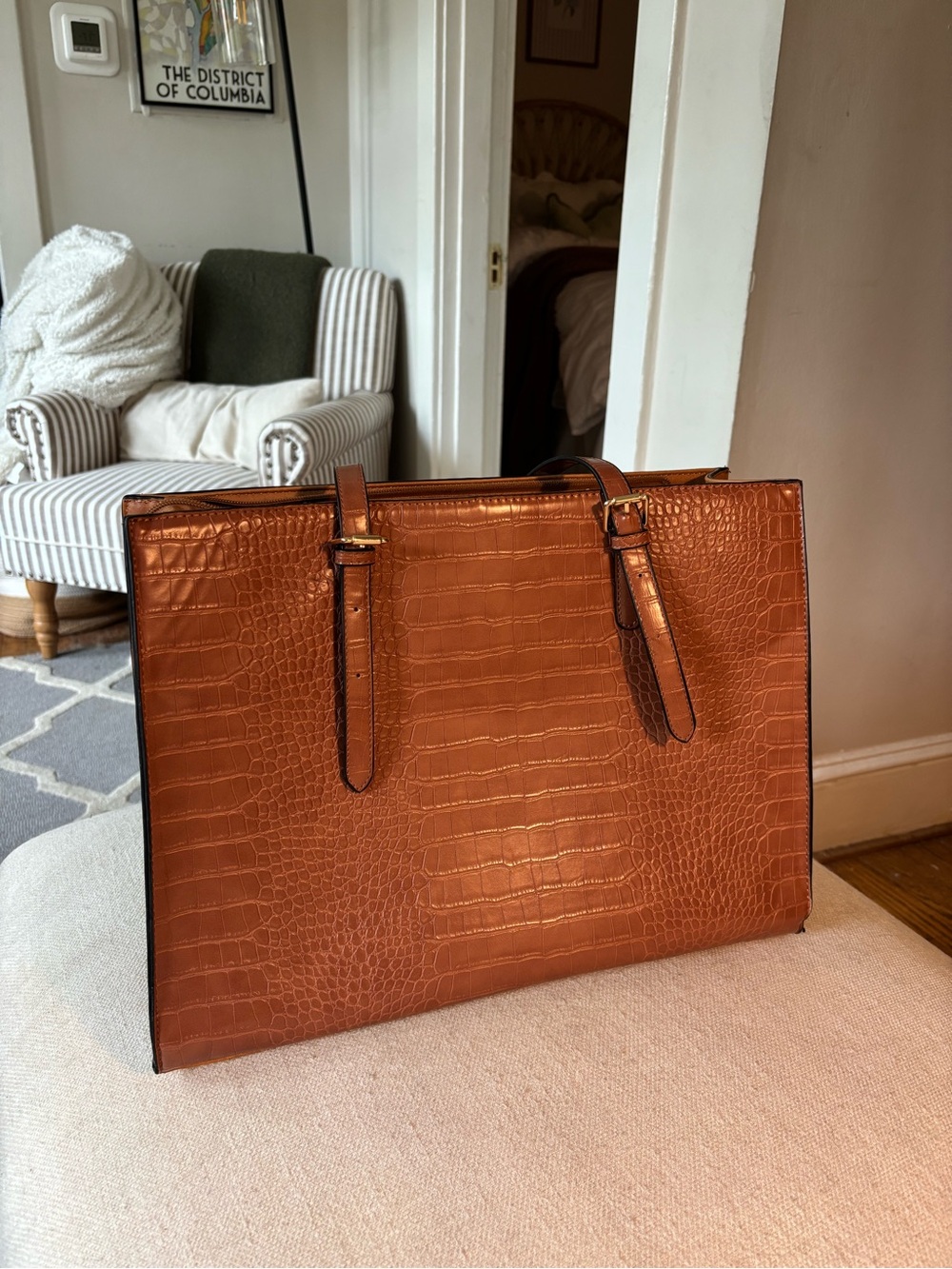 Structured Croc-Embossed Laptop Tote in Cognac